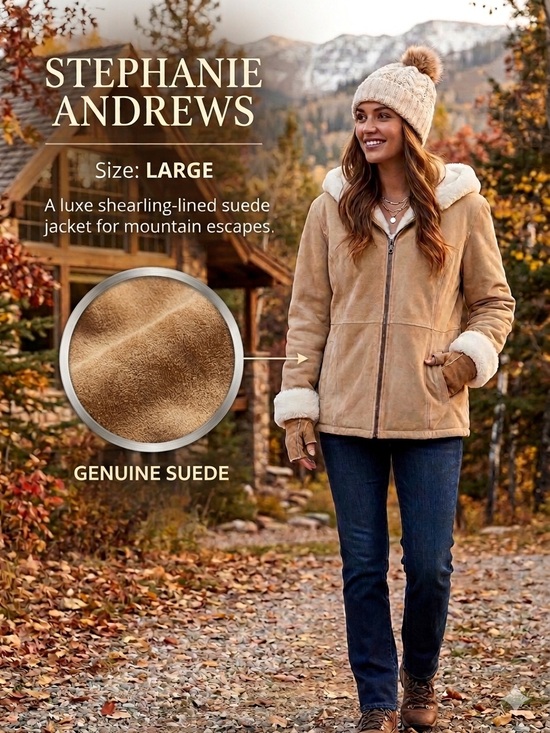 Stephanie Andrews Jackets & Blazers - STEPHANIE ANDREWS Women's L Tan Suede Leather Hooded Faux Fur Shearling Jacket